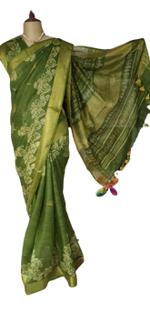 Linen Hand Block Printed Saree SILK ZONE